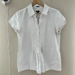 Talbots Womens Irish Linen Pleated Blouse Size M White Collared Preppy Old Money